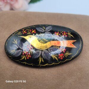 Vintage Russian Gold Bird Brooch Pin Hand Painted Lacquered Flower